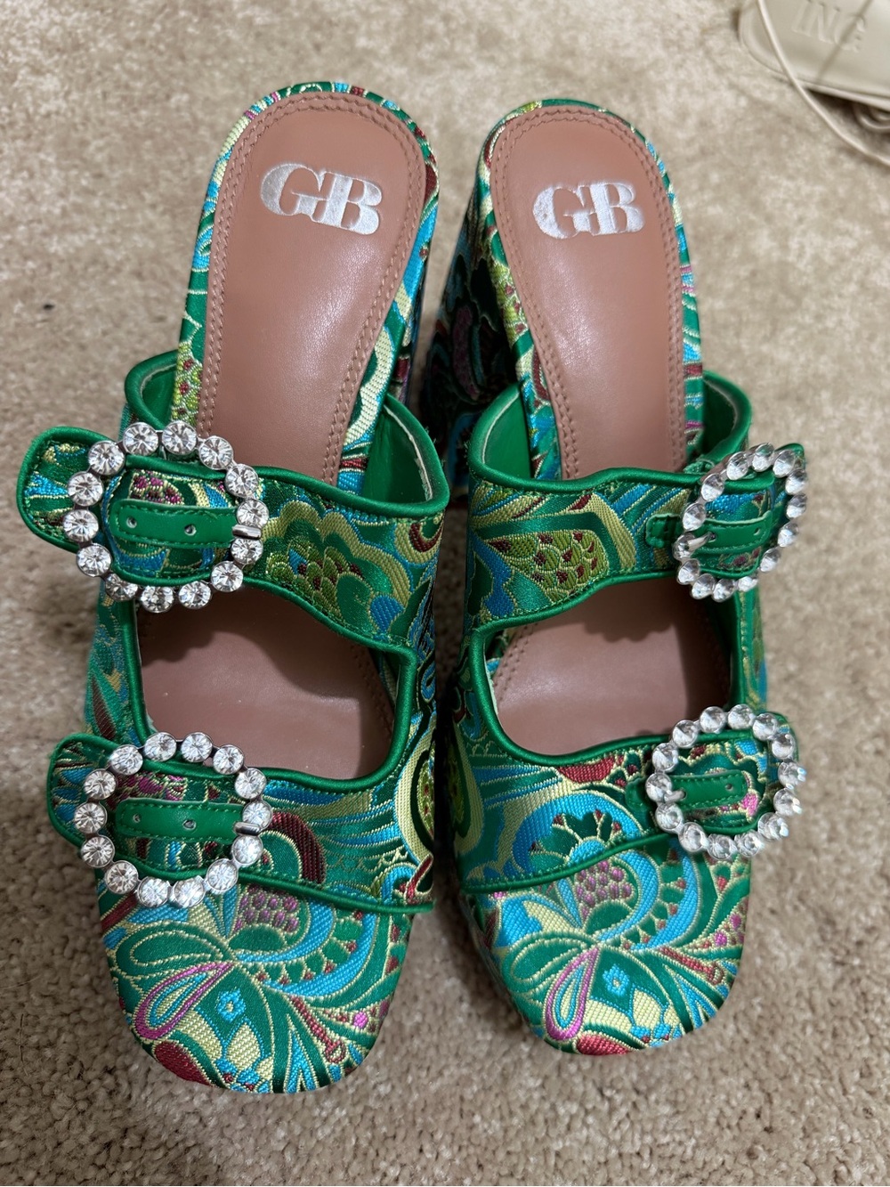 Gianni Bini Green Brocade Embellished Double-Strap Mules